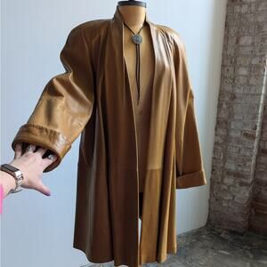 Vintage Brown Leather Trench Coat Boho Western Minimalist Neutral Jacket Large